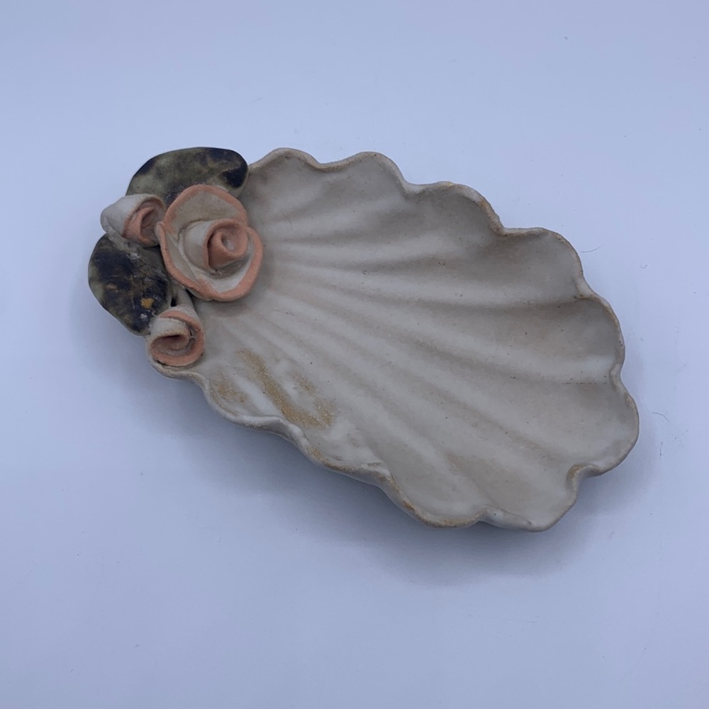 Vintage Studio Art Pottery Scallop Edge Rose Detail Lava Glaze Leaves 1988